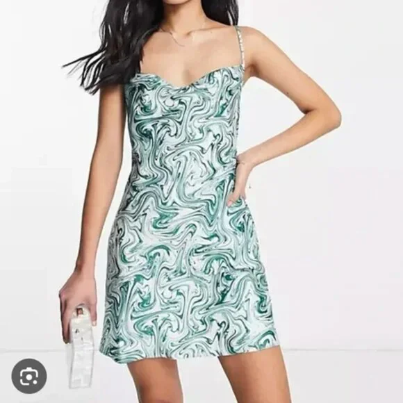 ASOS | Dresses | Asos Cowl Neck Silky Satin Slip Mini Dress In Green Marble  Swirl Print | Poshmark